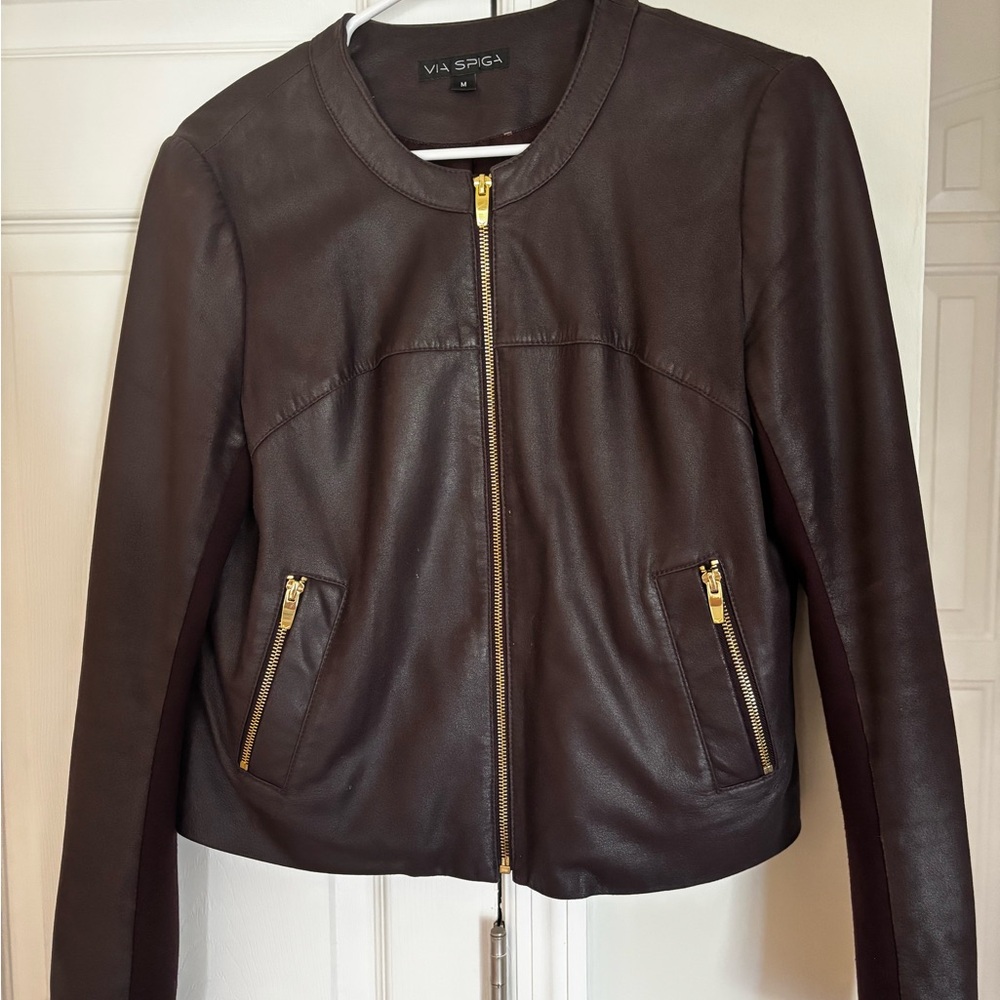 Via Spiga Chocolate Leather Jacket with Gold Zippers